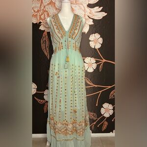 Luxe Mint Maxi Dress with Gold Embellishment